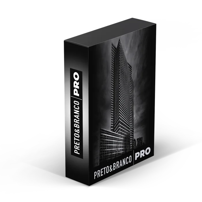 Caixa do curso Preto & Branco PRO, com uma fotografia de arquitetura em preto e branco na capa